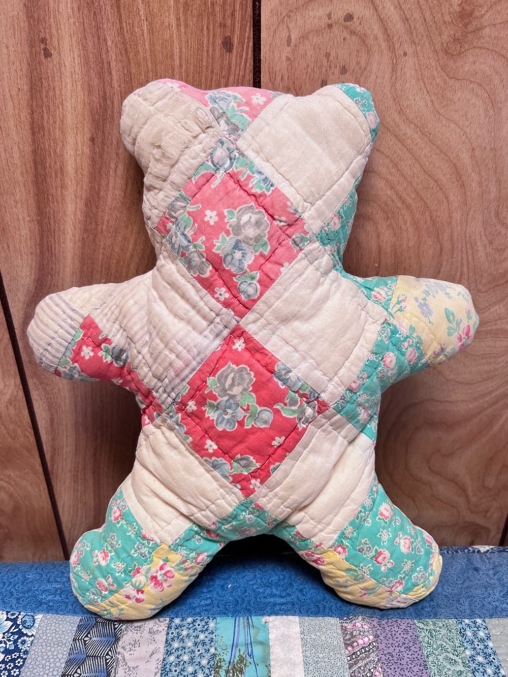 Quilted Patchwork Teddy Pillow - Pink, Cream, Mint Floral